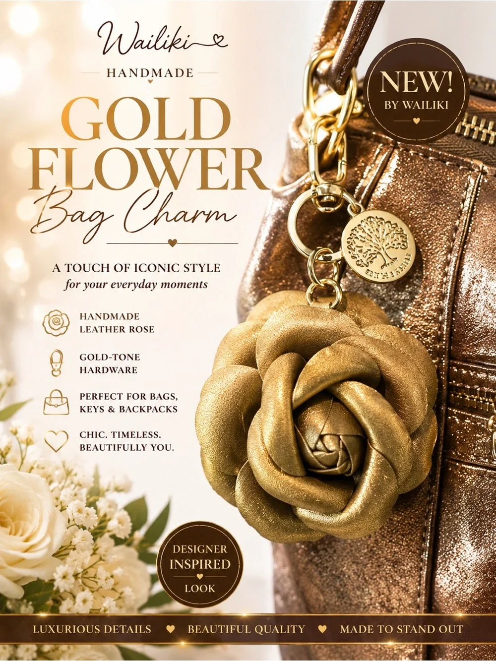 Handmade Wailiki‎ Gold Flower Keychain & Bag Charm NWOT